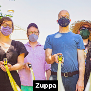A photo of four people wearing covid masks and holding out unfurled tape measures pointed towards the camera. At the bottom of the photo is the word 'Zuppa' in white bold text on a black rectangle.