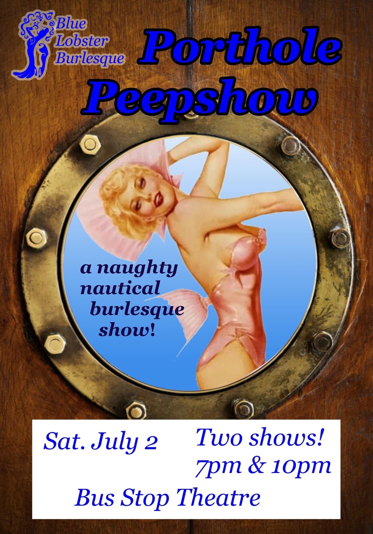 Blue Lobster Burlesque poster for Porthole Peepshow. Event text on the poster is listed on the event.