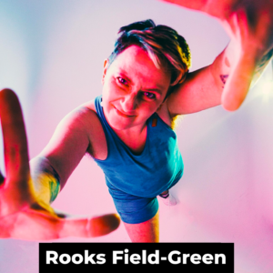 the words "Rooks Field-Green" in white text on a black rectangle at the bottom of the image. The image is square and is of a white person in a blue tank jumpsuit with shorts looking up at the camera and framing it with their hands. The lighting is vivid pink and yellow.